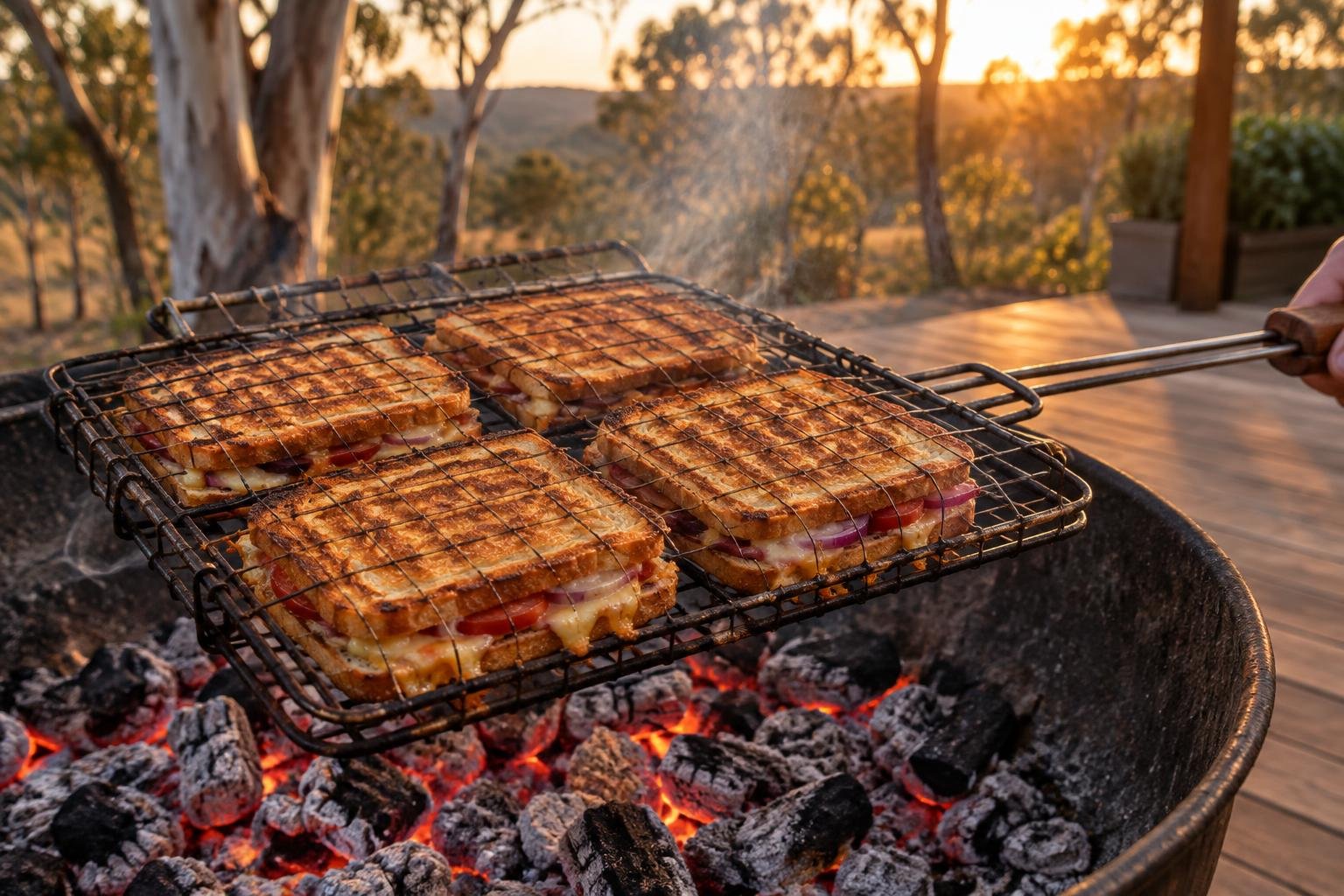 Braaibroodjies toasting golden in a hinged braai grid over grey coals, melted cheese escaping at the edges