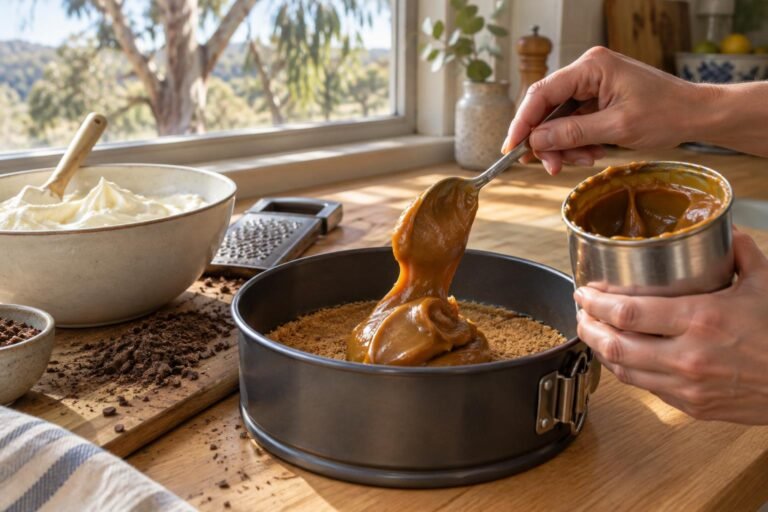 caramel treat substitute Australia, a tin of thick caramel being spooned over a biscuit base on a kitchen bench