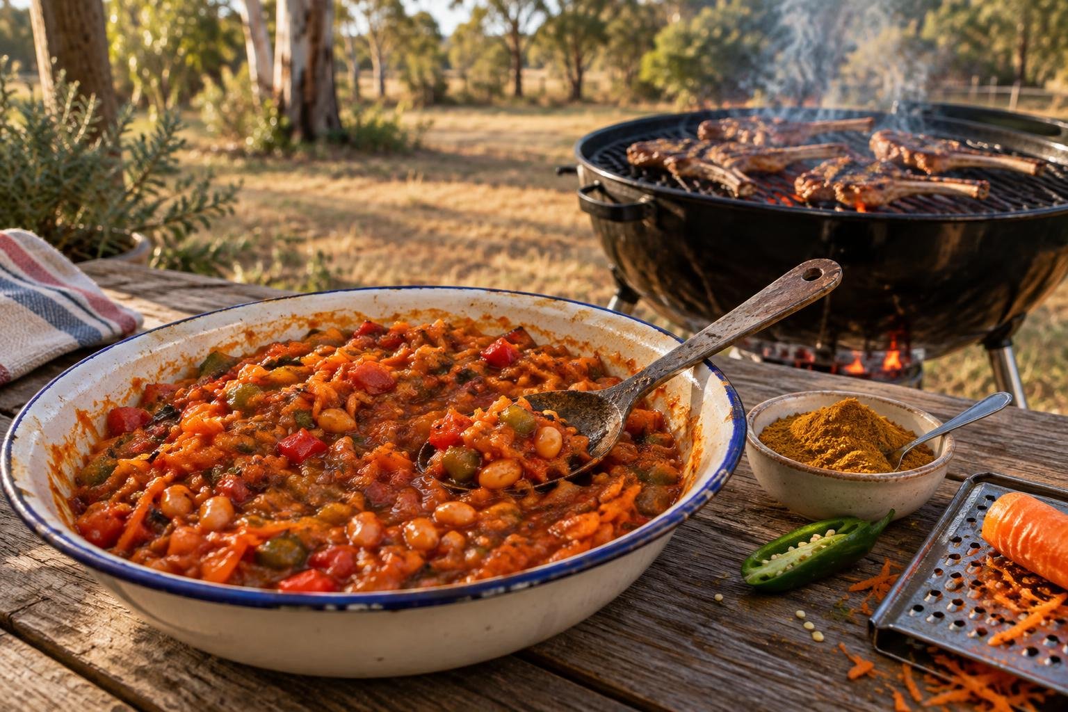 chakalaka recipe in an enamel bowl on a timber table in an Australian backyard, thick orange relish with capsicum, grated carrot and beans beside a kettle braai
