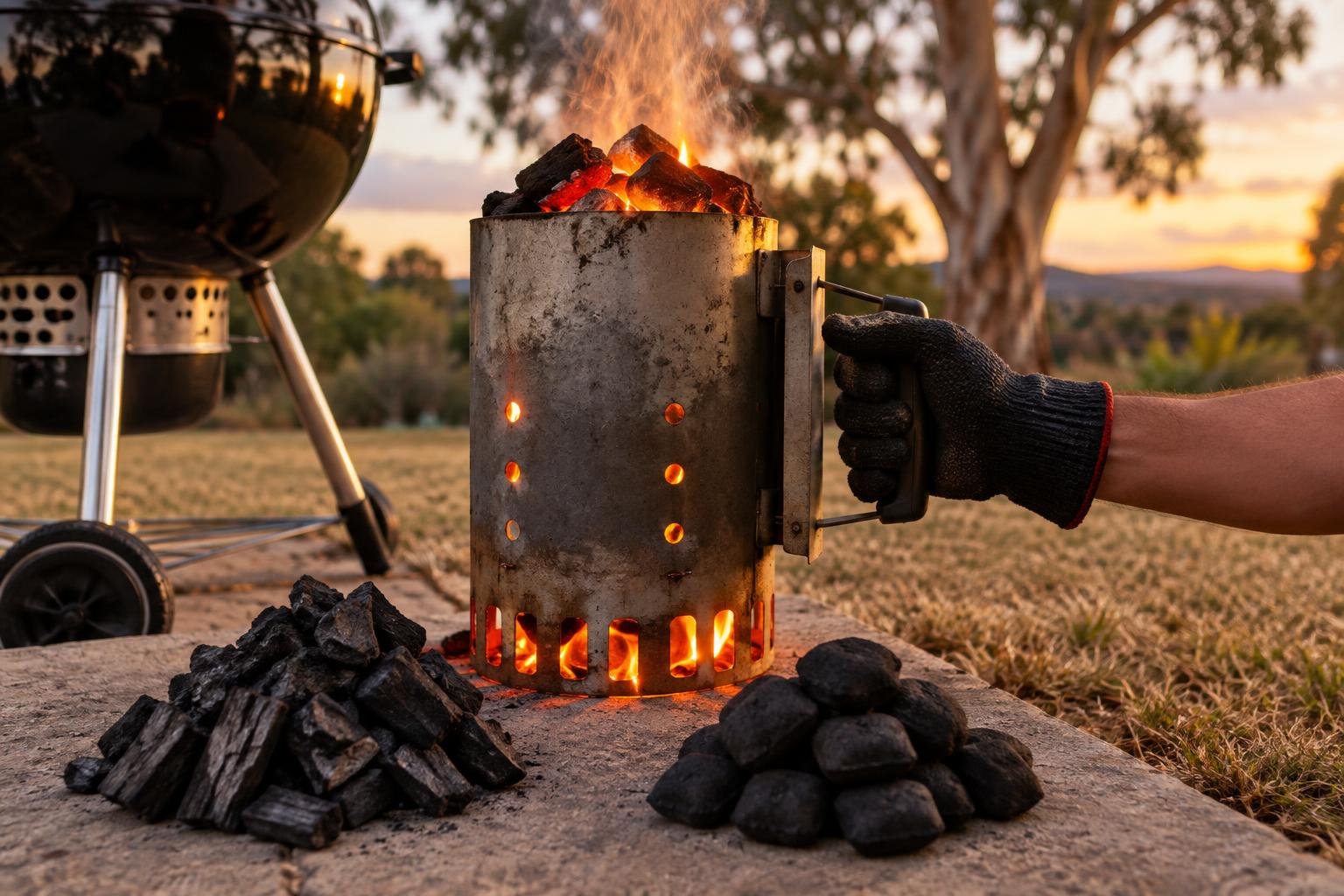 A chimney starter alight on a paver between a pile of lump charcoal and a pile of briquettes