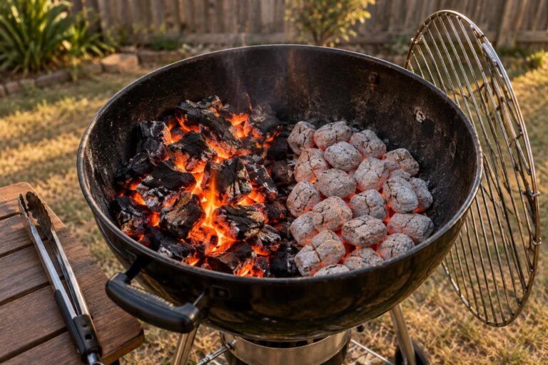 Charcoal vs briquettes braai: glowing lump charcoal on one side of a kettle grid and grey-ashed briquettes on the other