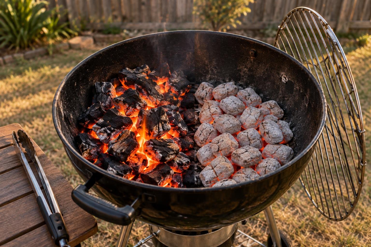 Charcoal vs briquettes braai: glowing lump charcoal on one side of a kettle grid and grey-ashed briquettes on the other