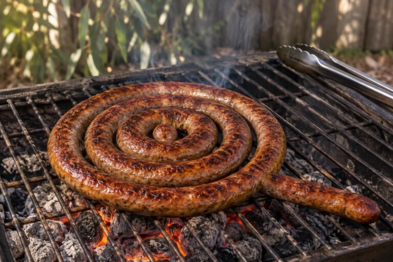 How to braai boerewors, a single boerewors coil browning on a braai grid over glowing coals