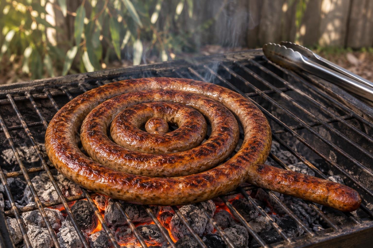 How to braai boerewors, a single boerewors coil browning on a braai grid over glowing coals
