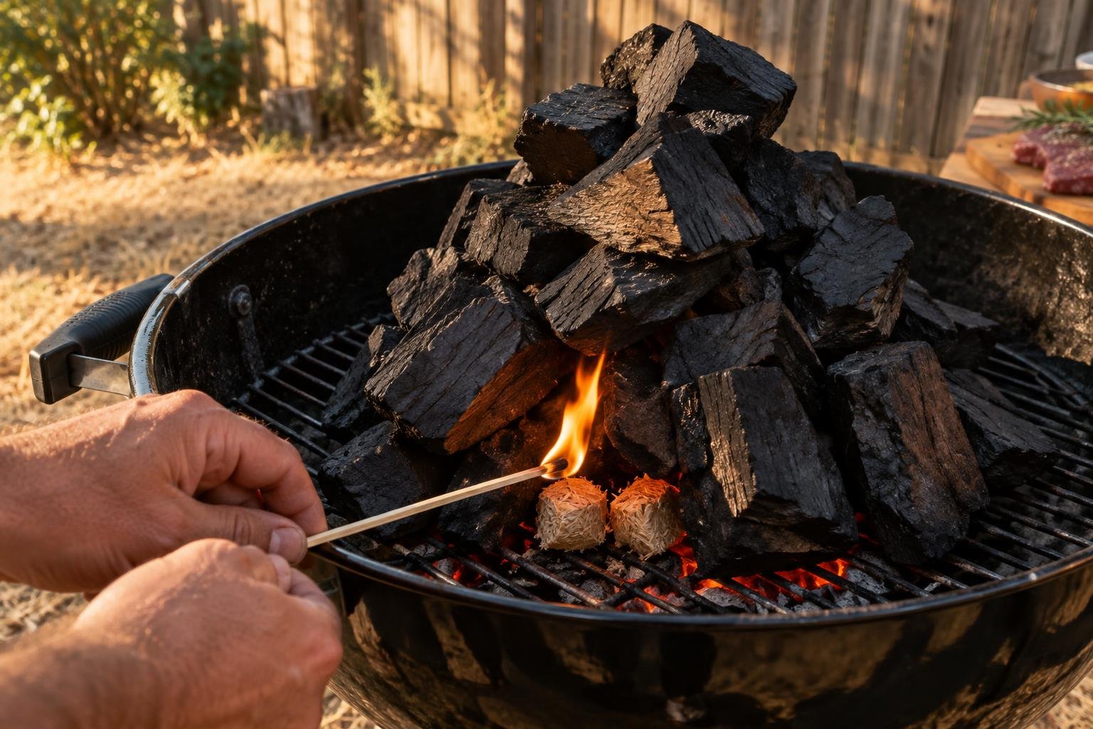 How to light a braai fire in Australia, firelighters catching under hardwood lump charcoal in a kettle braai