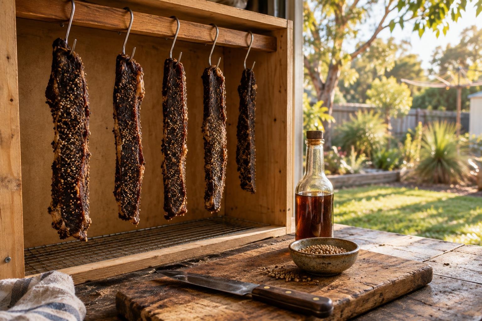 How to make biltong at home in Australia, strips of cured beef hanging on steel hooks in a home drying box in warm afternoon light