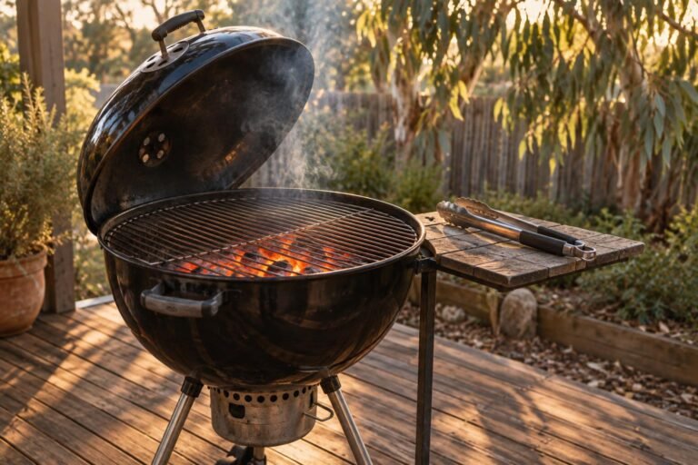 A kettle braai vs Weber comparison, a black kettle-style barbecue glowing with hot coals on an Australian back patio