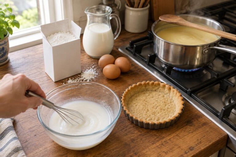 maizena vs cornflour, a hand whisking a smooth white cornflour slurry in a bowl beside a saucepan of custard on the hob
