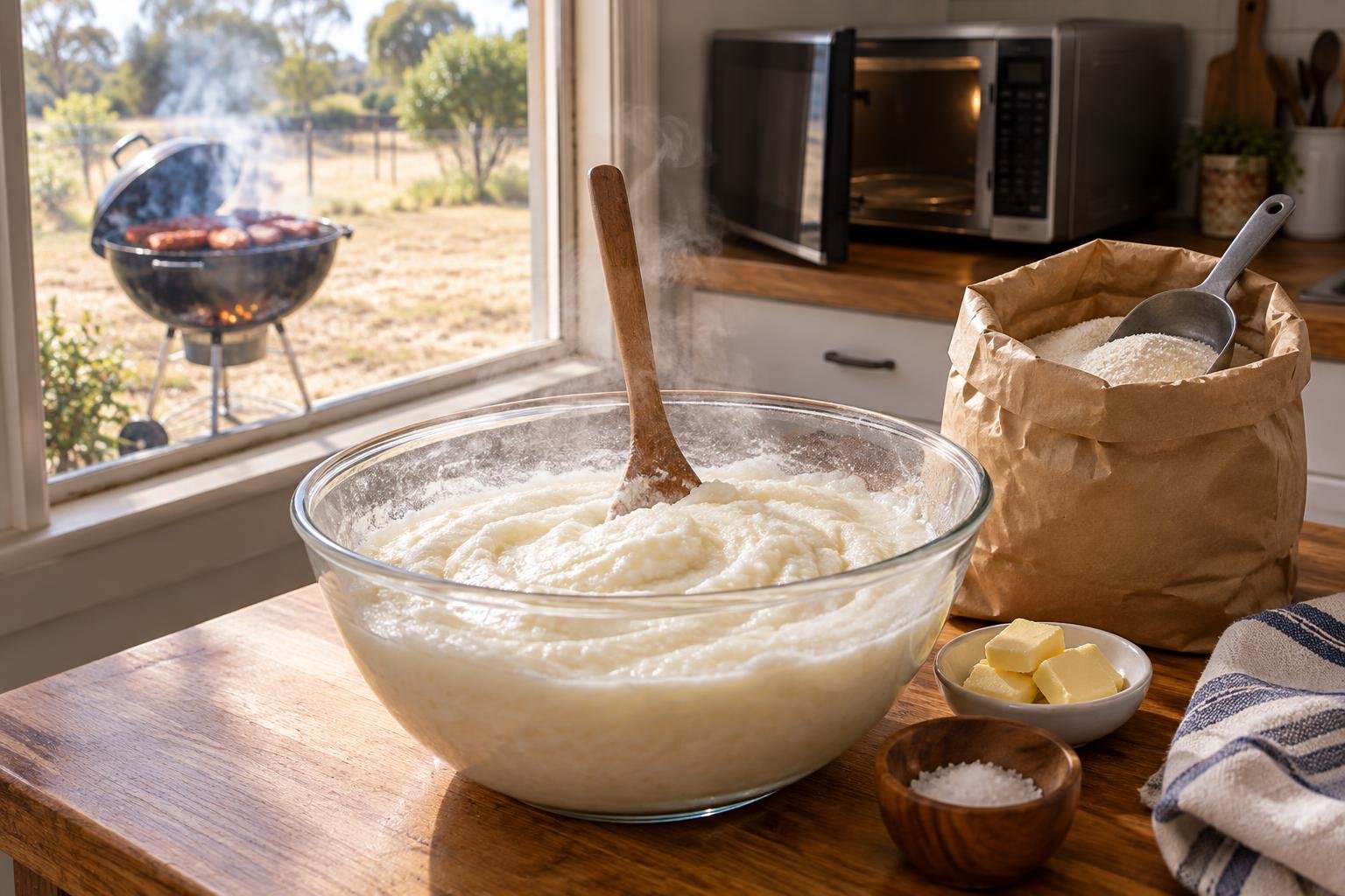 Microwave mieliepap in a glass bowl with a wooden spoon, steaming on an Australian kitchen bench