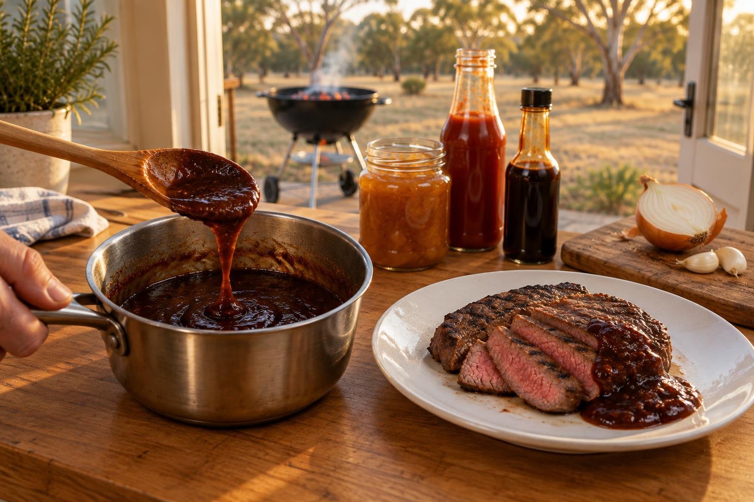 monkey gland sauce recipe in progress, a dark glossy sauce simmering in a saucepan beside a braaied steak and jars of tomato sauce and chutney in an Australian kitchen