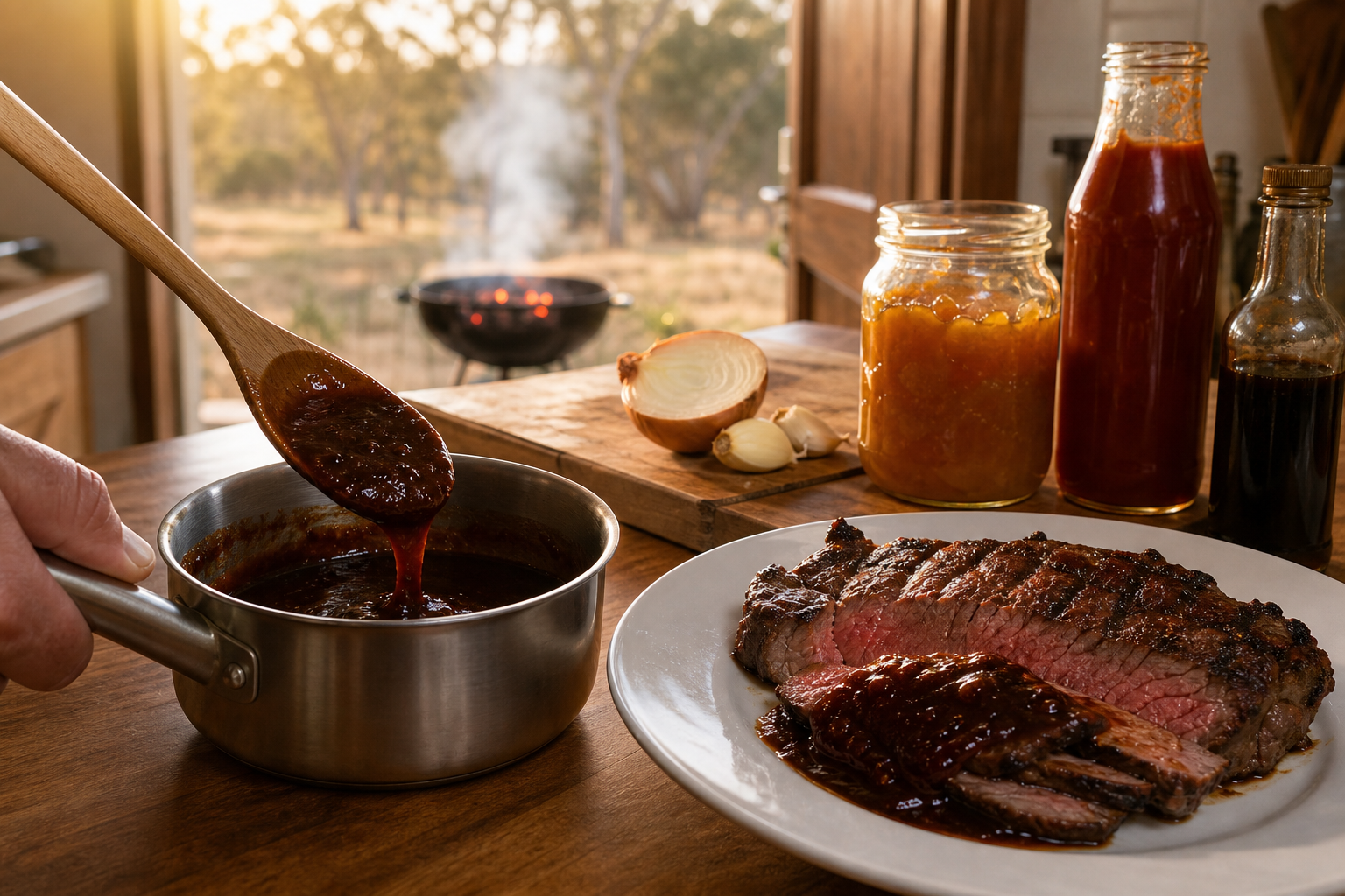 monkey gland sauce recipe in progress, a dark glossy sauce simmering in a saucepan beside a braaied steak and jars of tomato sauce and chutney in an Australian kitchen