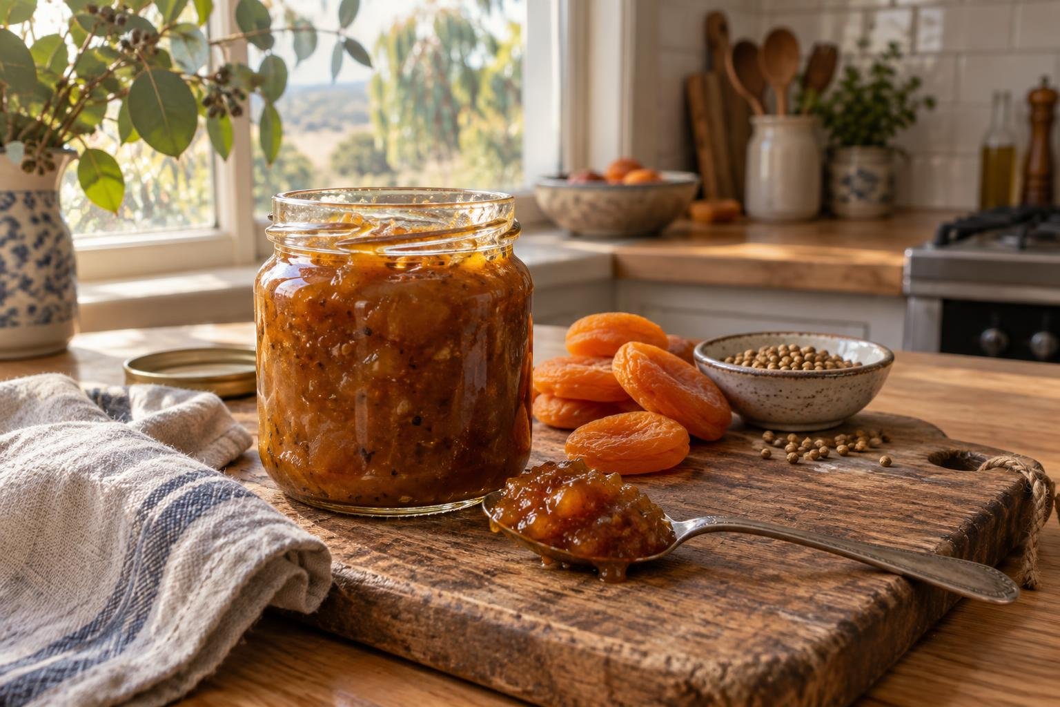 A Mrs Balls chutney substitute, a jar of golden apricot chutney and a spoonful on a wooden board in warm kitchen light