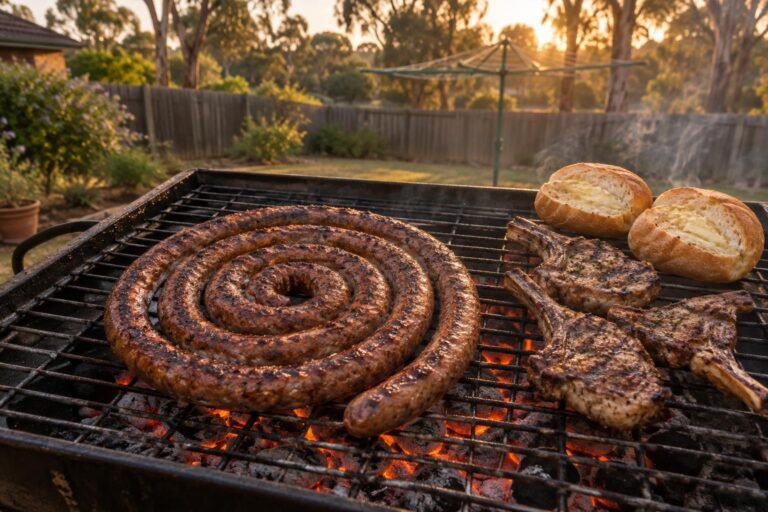 national braai day Australia, a boerewors coil and lamb chops on a braai grid in an Australian backyard at sunset