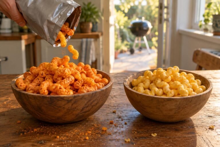 nik naks australia equivalent, two bowls of orange and pale yellow corn curls side by side on a timber bench in an Australian kitchen