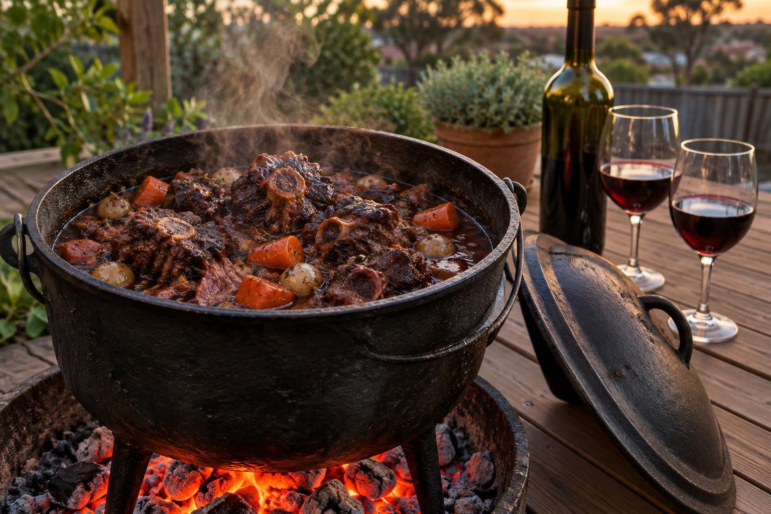Cast-iron potjie over glowing coals, filled with tender braised oxtail in red wine sauce and carrots.