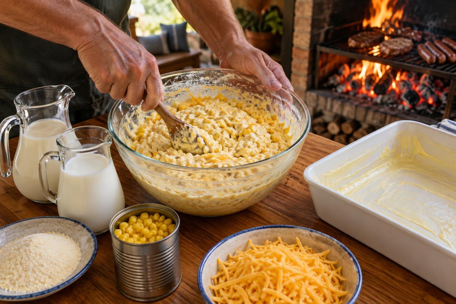 Mixing vinnige paptert batter with sweetcorn and cheese in one bowl