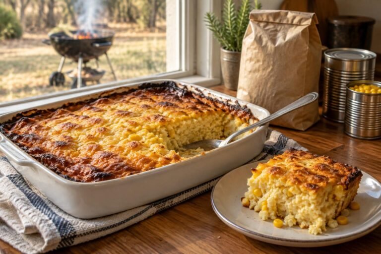 Golden vinnige paptert in an oven dish with a creamy sweetcorn inside