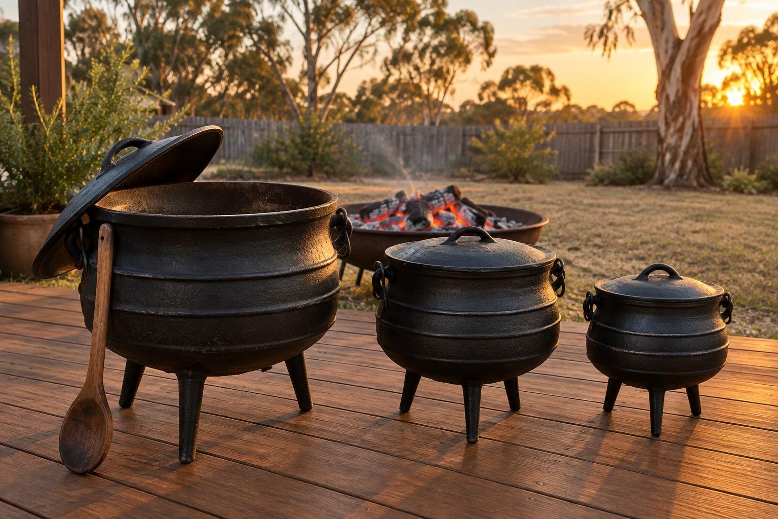 A three-legged cast iron potjie pot steaming over a campfire at an Australian bush campsite at sunset