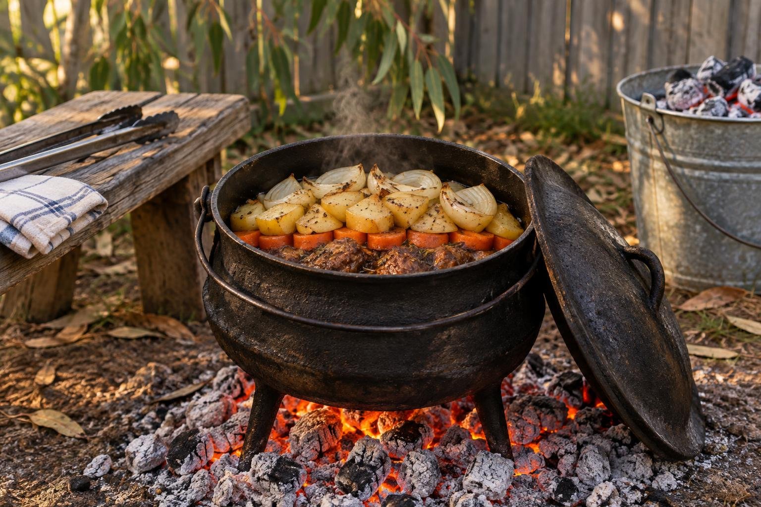 A potjiekos recipe for beginners, layered lamb, carrots and potatoes in a three leg cast iron potjie over coals