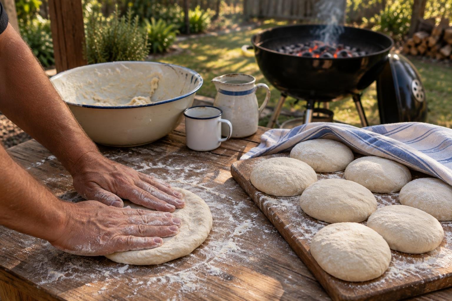 Hands flattening roosterkoek dough into rounds on a floured bench beside a kettle braai