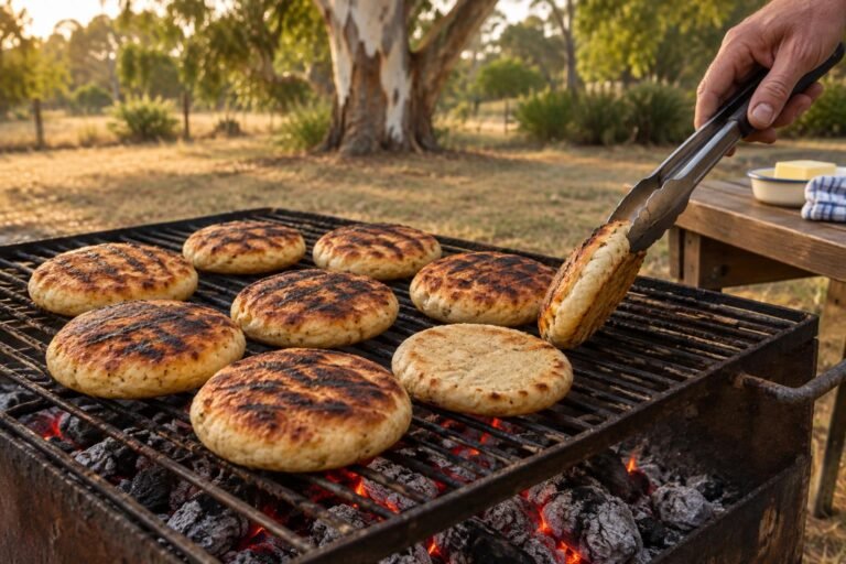 Roosterkoek recipe in progress: golden bread rolls turning on a braai grid over low coals in an Australian backyard