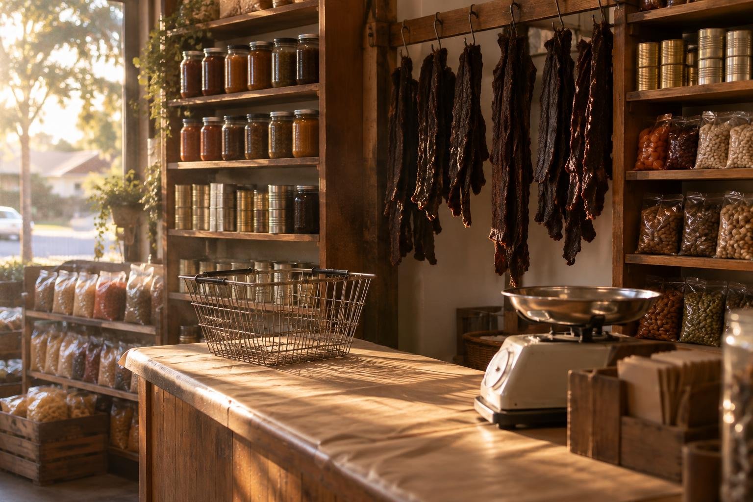 South African deli counter in Australia, biltong hanging behind the counter with shelves of chutney and rusks