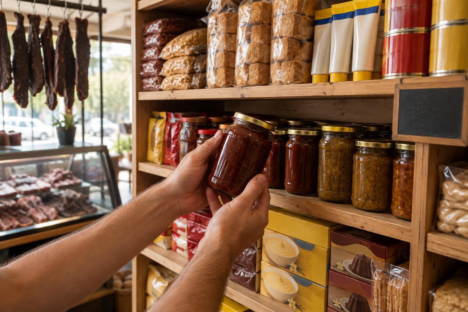 Hands lifting a jar of chutney from a shelf of South African groceries in an Australian shop, biltong hanging at the deli counter behind