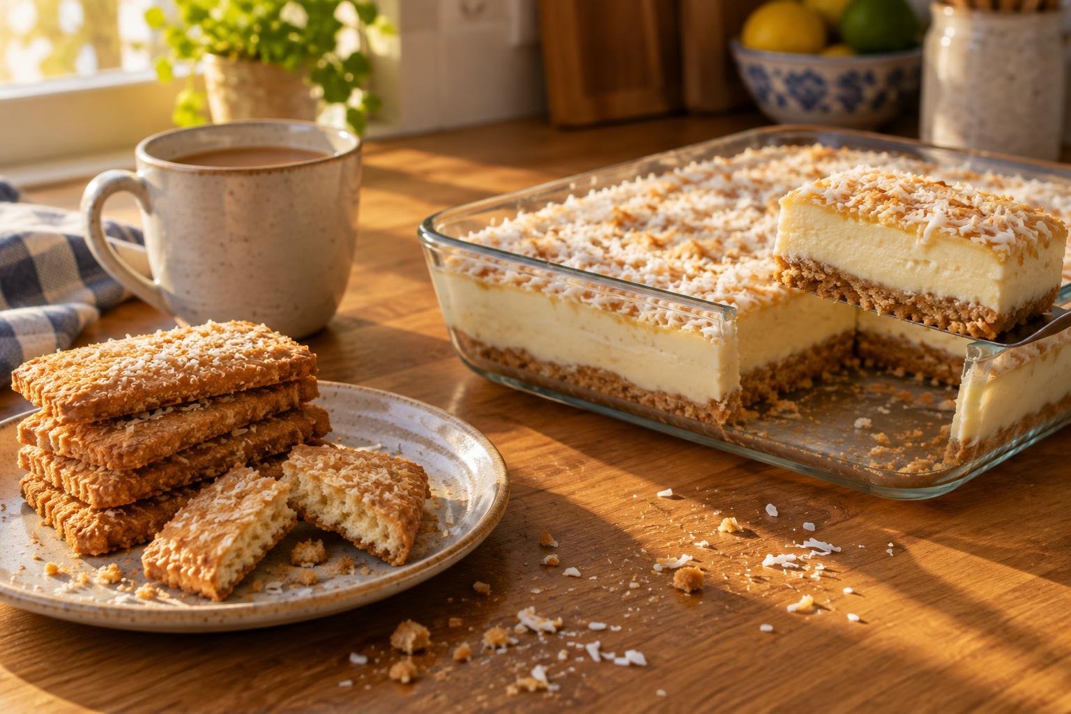 A slice of chilled layered peppermint and caramel fridge tart with a golden coconut biscuit crumb base.