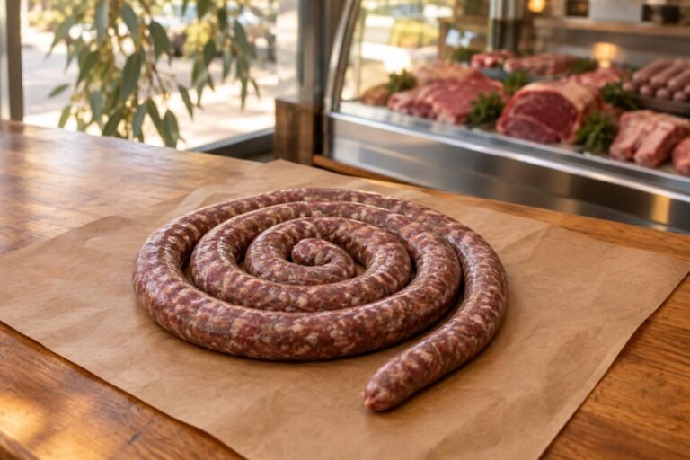 Where to buy boerewors in Australia, a butcher's counter with a fresh boerewors coil on brown paper