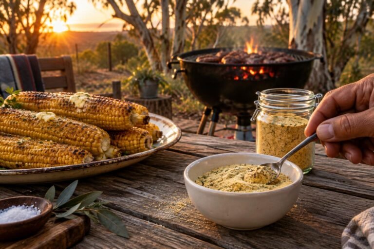 aromat substitute australia: a homemade yellow seasoning mix in a small bowl beside a spoon, with golden corn cobs ready for the braai