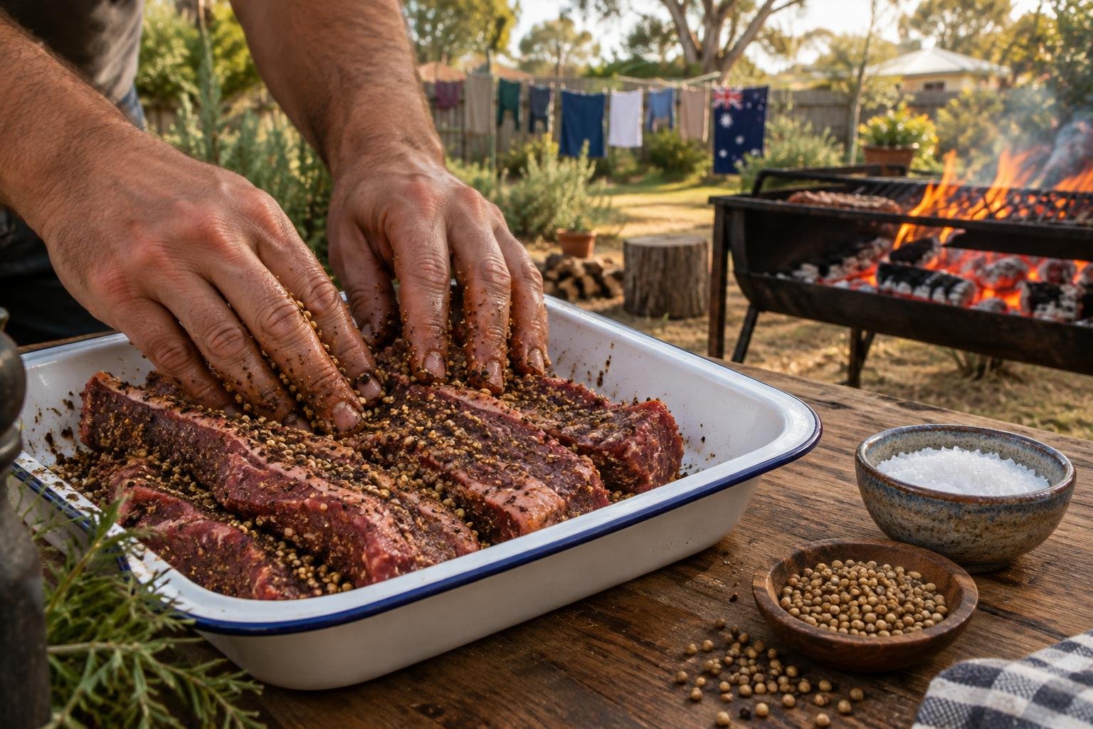 Biltong spice recipe ingredients: toasted coriander seeds, black pepper, coarse salt and brown vinegar beside a strip of raw beef