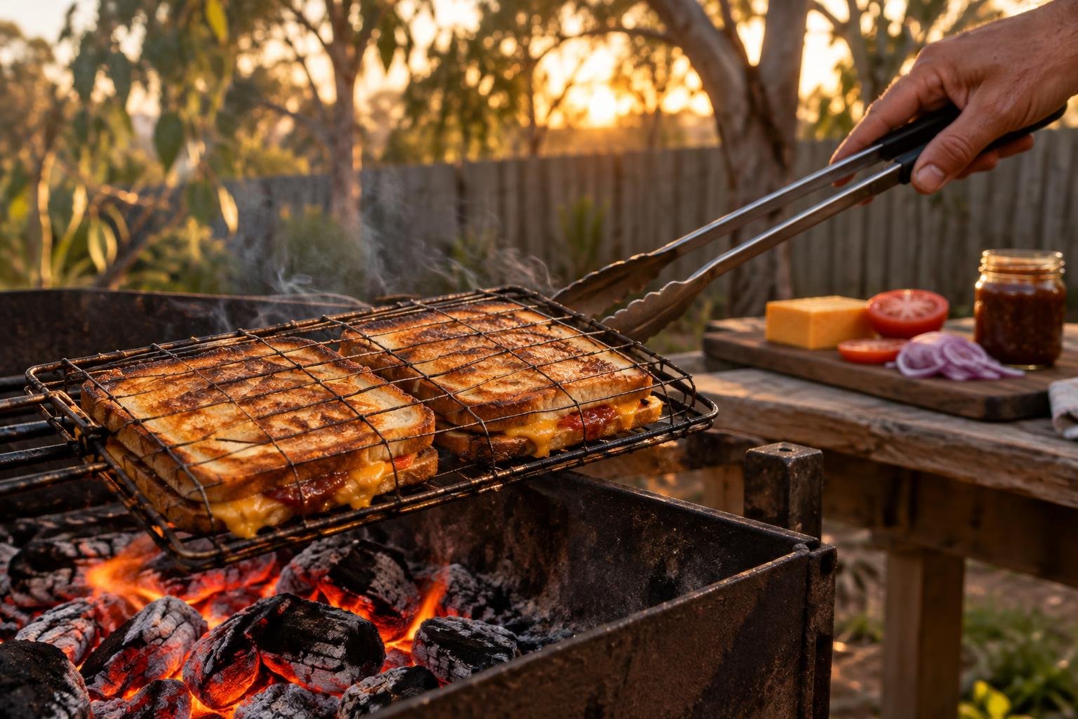 Braaibroodjies recipe: toasted cheese and chutney sandwiches on a braai grid over coals