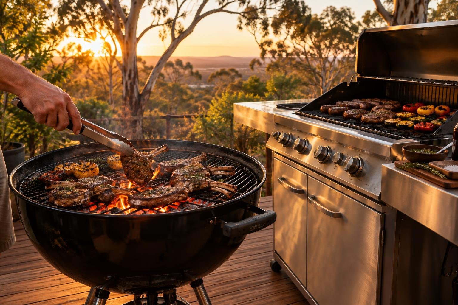 Gas braai vs charcoal: a gas barbecue and a charcoal kettle side by side in an Australian backyard