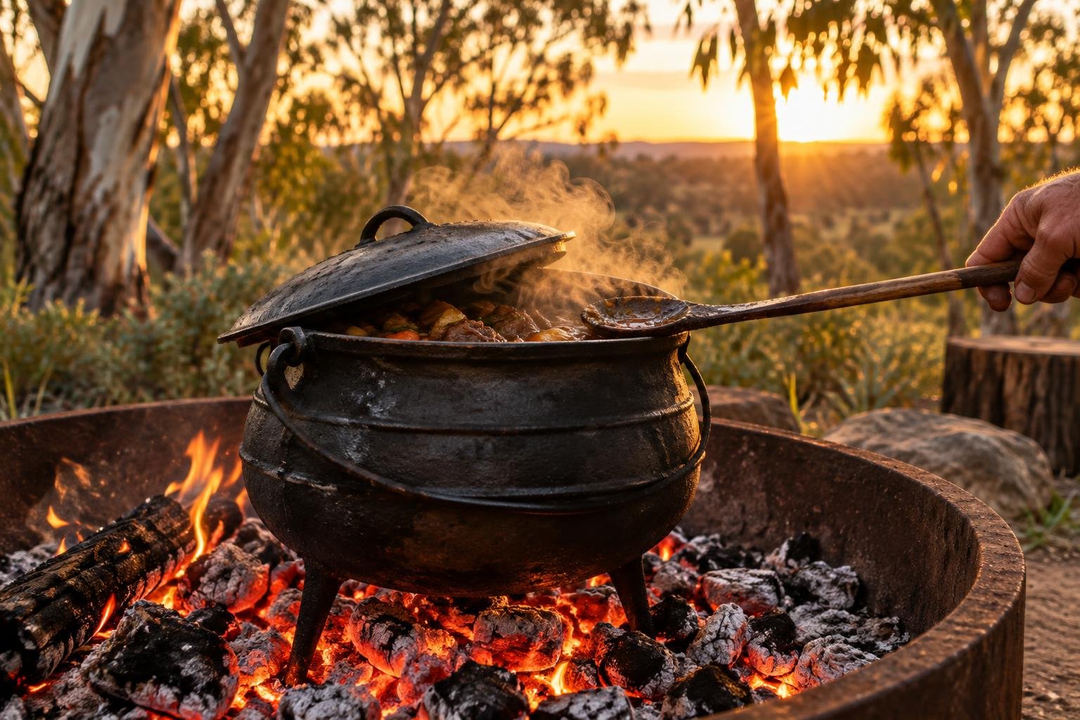 Three-legged potjie pot guide Australia cast iron pot standing in glowing coals