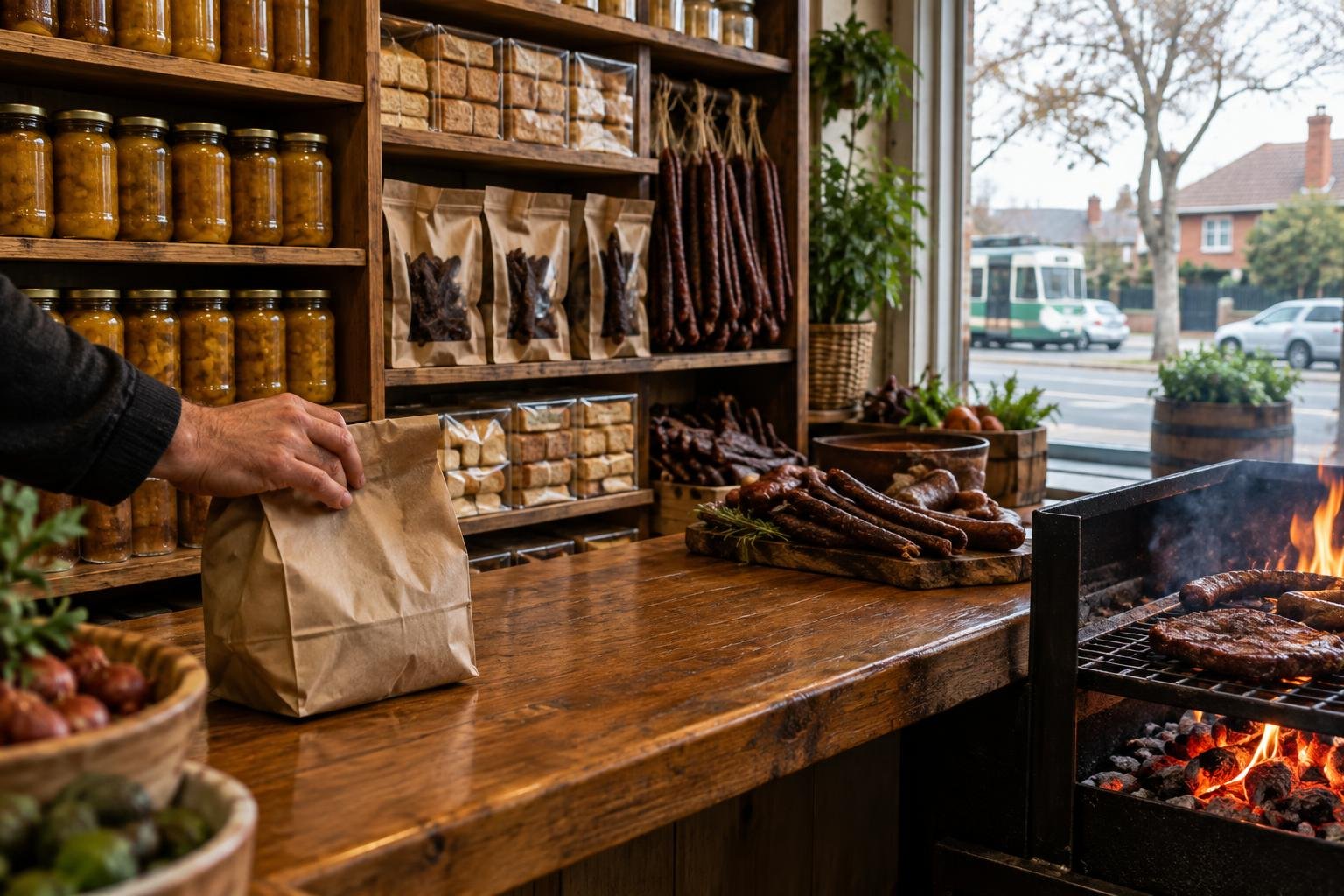 Counter in a South African shop Melbourne with biltong, rusks and chutney on the shelves