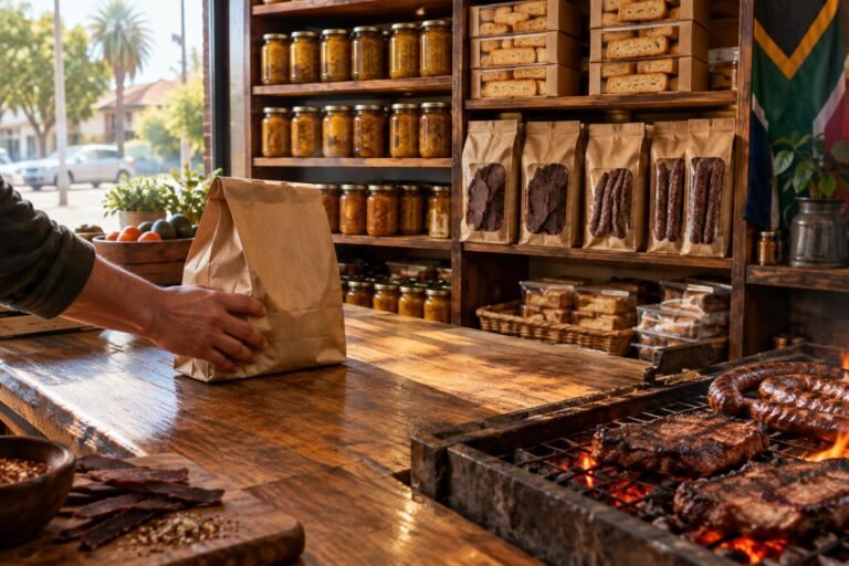 Shelves in a South African shop Sydney with biltong, rusks and chutney