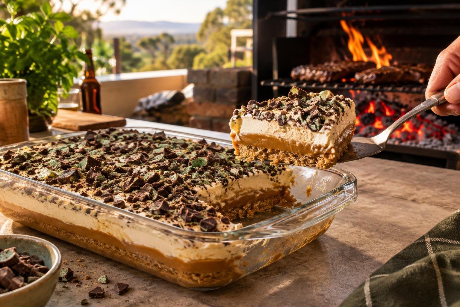 Fridge tart on a crushed biscuit base, the tennis biscuits substitute Australia bakers use