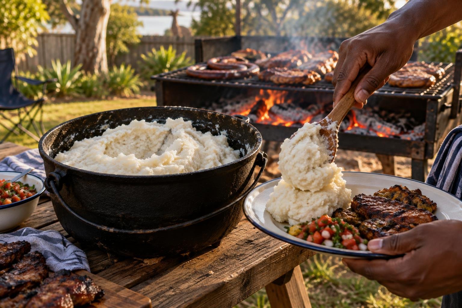 Bag of white maize meal beside a pot of pap on a kitchen bench, where to buy maize meal Australia