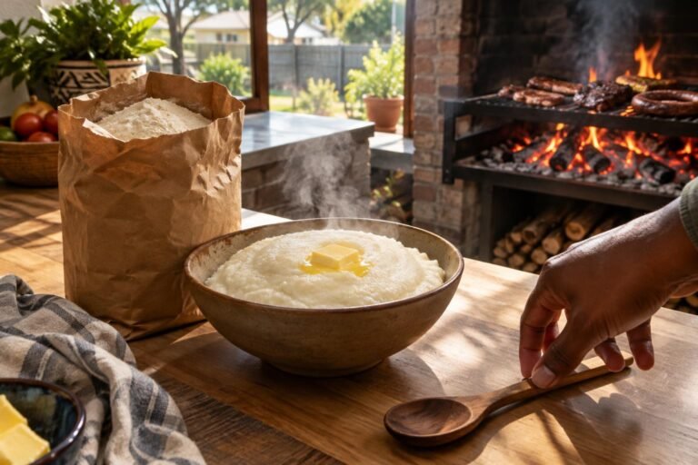 Bag of white maize meal beside a pot of pap on a kitchen bench, where to buy maize meal Australia